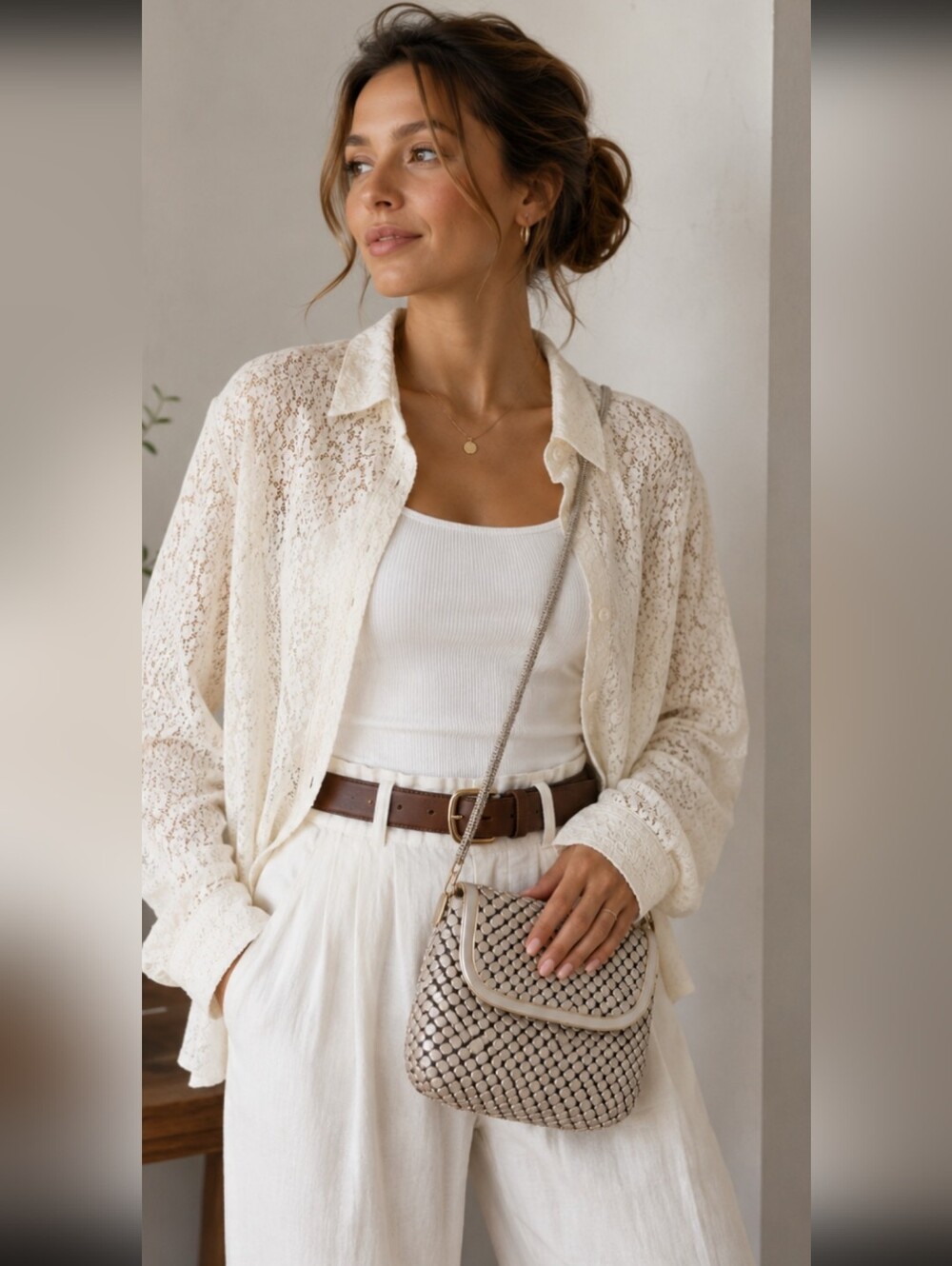 Woven Pattern Crossbody Bag in Cream